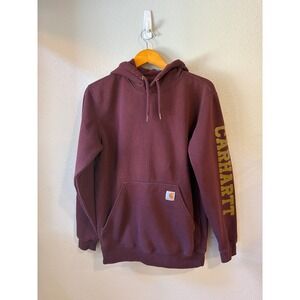 Carhartt Hoodie Mens Small Burgundy Loose Fit Graphic Sleeve Utility Pullover